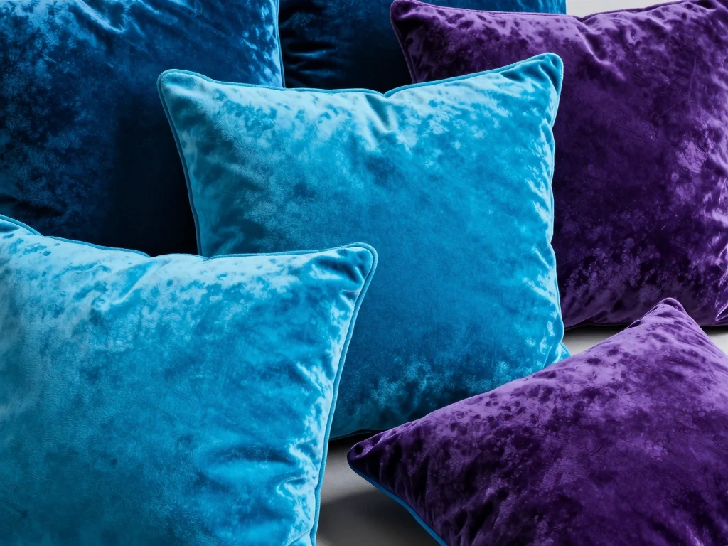 Luxurious velvet pillow in electric cyan with gold embroidery